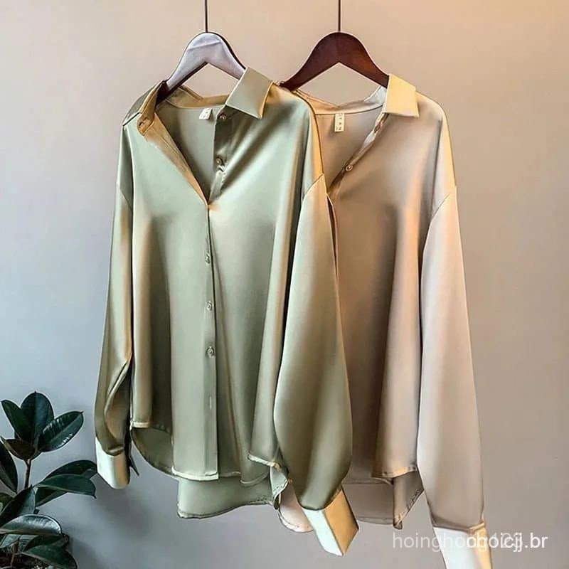 Camisa Feminina De Seda Com Mangas Compridas/Retrô/Plus Size/Primavera 2021
