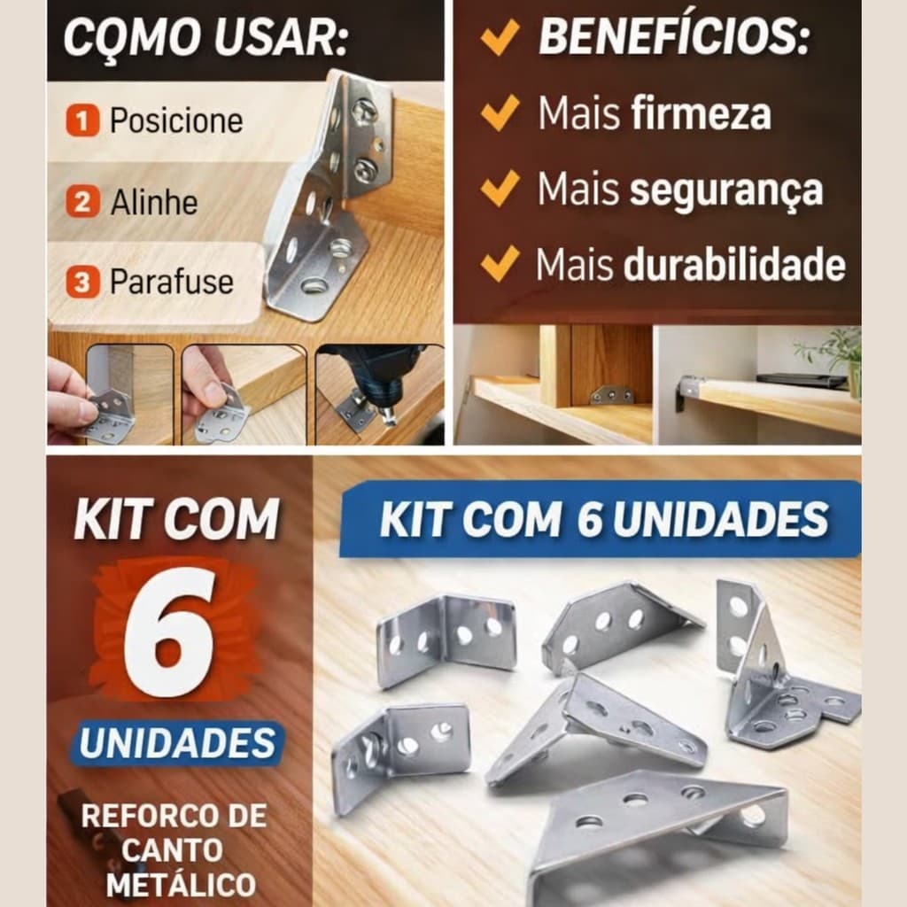 Cantoneira Metalica Reforço L Kit 6 Un Fixação Moveis prateleiras