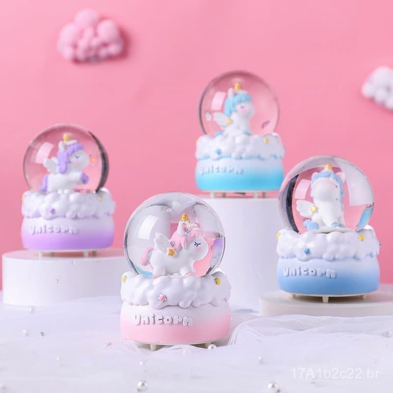 Várias bolas de água luminosas de desenho animado, ornamentos de bolas de cristal de unicórnio coloridos, presentes de a