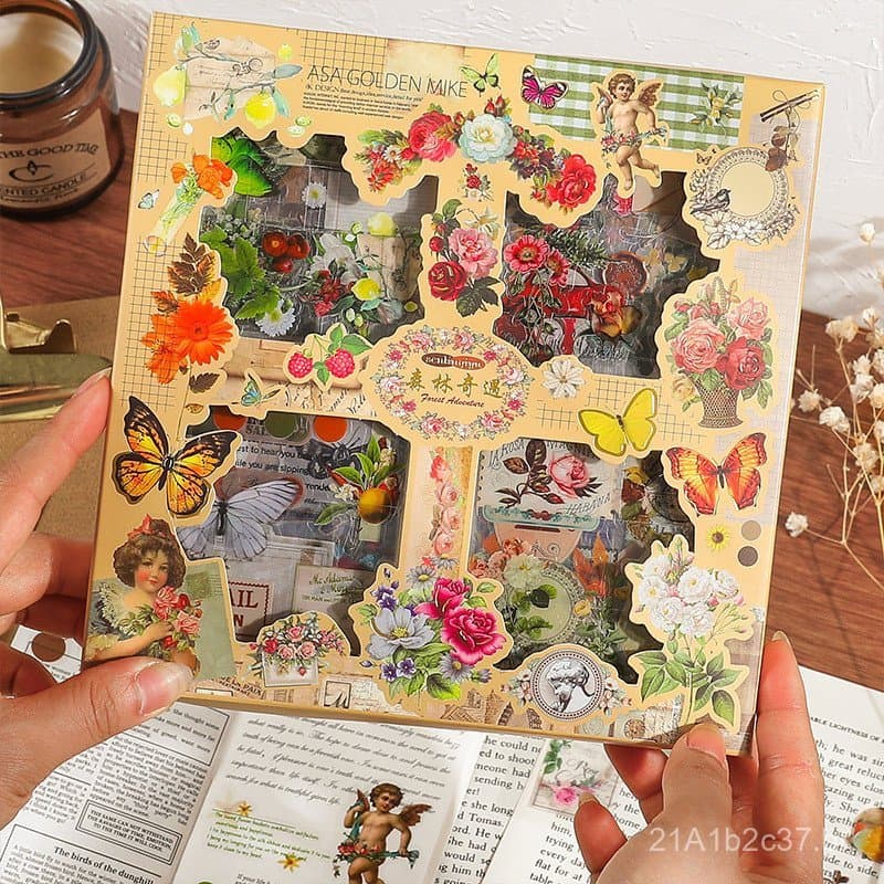 100 adesivos em caixa de PET para diário, adesivos decorativos à prova d'água com designs florais artísticos vintage, ad