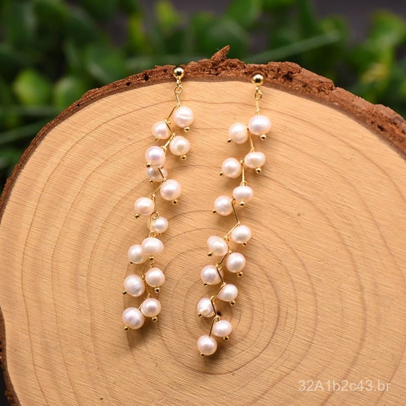 Brincos de pérolas naturais de água doce, brincos longos, acessórios de orelha vintage feitos à mão, banhados a ouro 18k