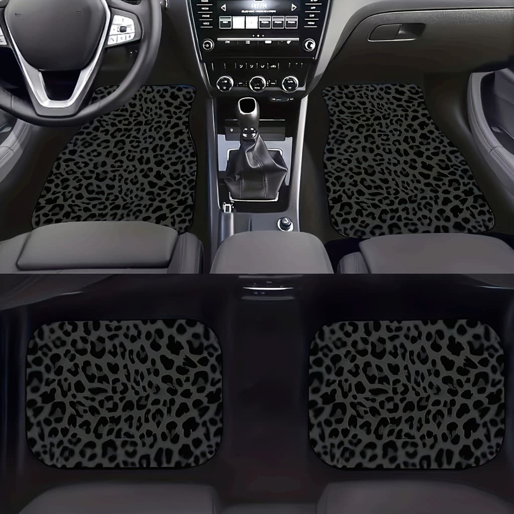 Conjunto de 4 peças tapete de carro preto leopardo impressão antiderrapante tapete de carro acessórios interiores univer