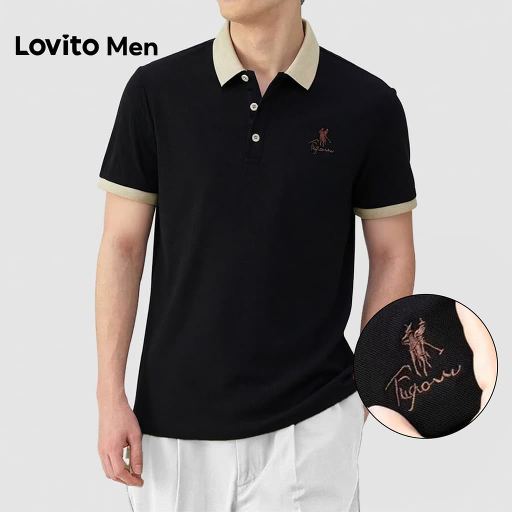 Lovito Men  Camisa Polo Casual Colorida com Botão Bordado Primavera/verão Camisa Polo Preta para Homens LNE142573
