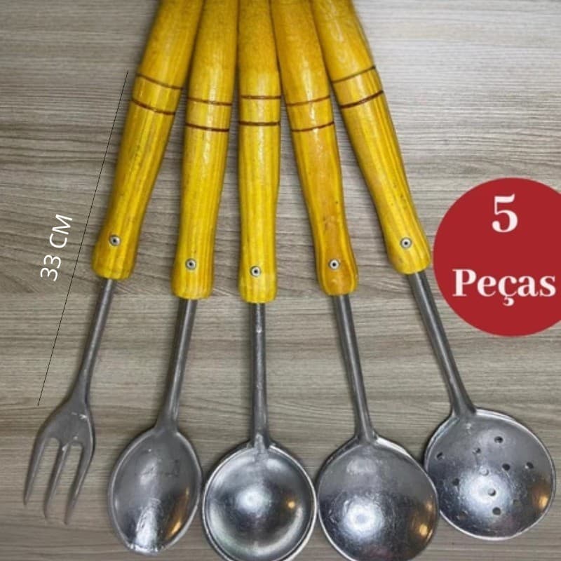 KIT 5 TALHERES ALUMINIO FUNDIDO GARFO COLHER ESCUMADEIRA CONCHA RASA E FUNDACABO DE MADEIRA