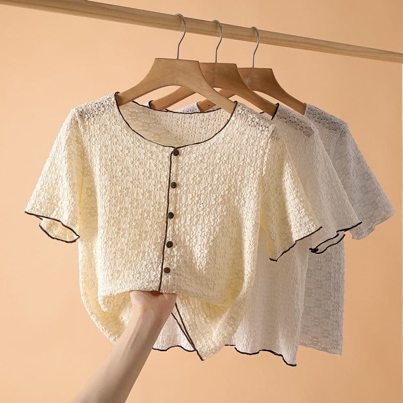 Oco de manga curta camiseta feminina verão Chiffon chique linda camisa pequena solta 2025 novo estilo Super fada saia co