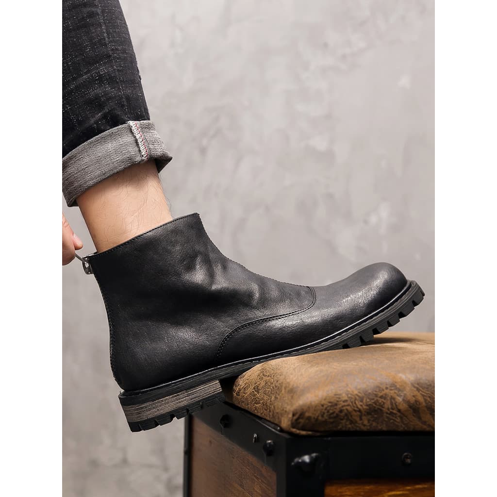 Botas Chelsea japonesas masculinas de couro genuíno, retrô, bico redondo, cano alto, versão coreana, angustiado, escuro,