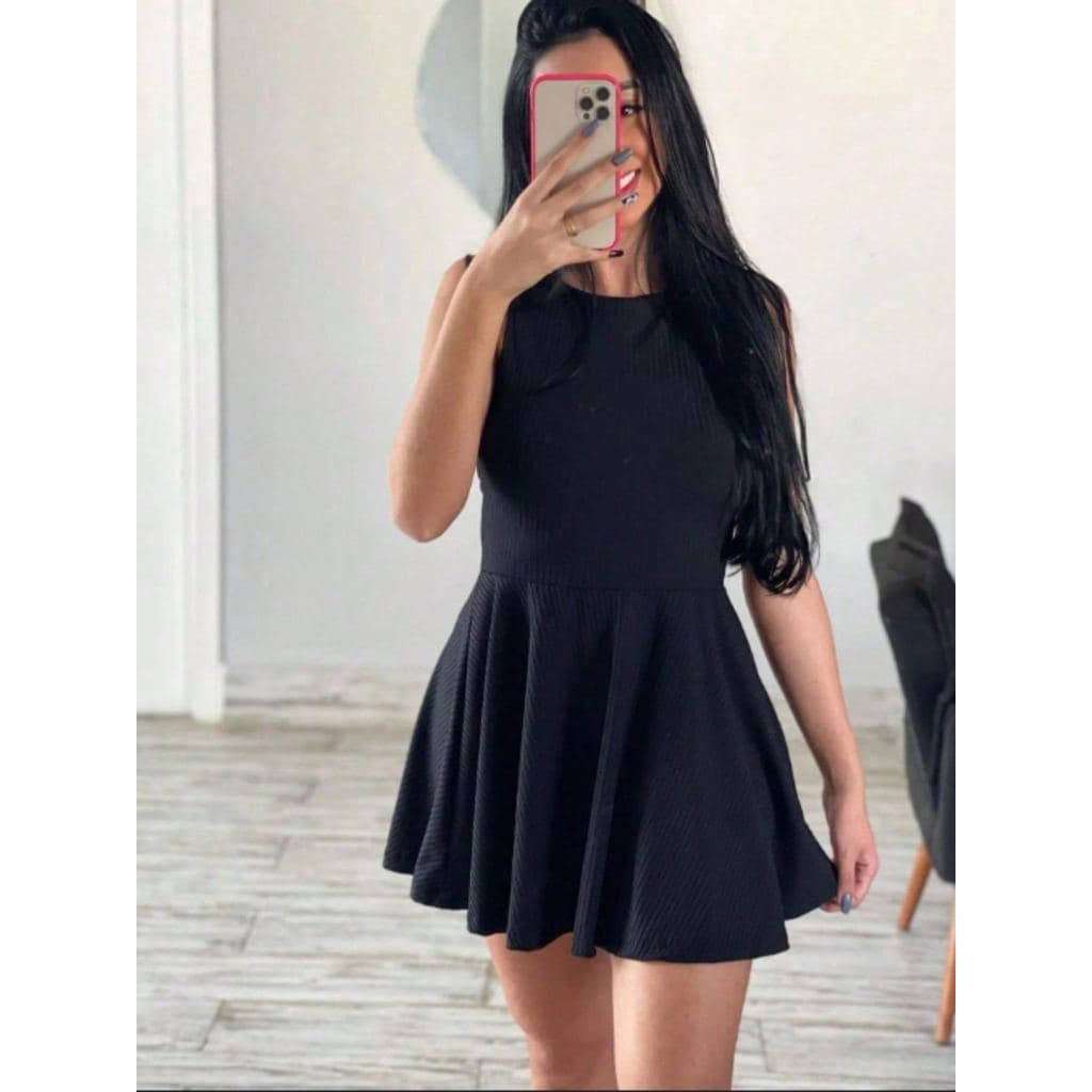 Vestido Curto Estilo Boneca Rodado Canelado Feminino Manga Cavada Modelagem Solta Tamanho Único Casual Verão
