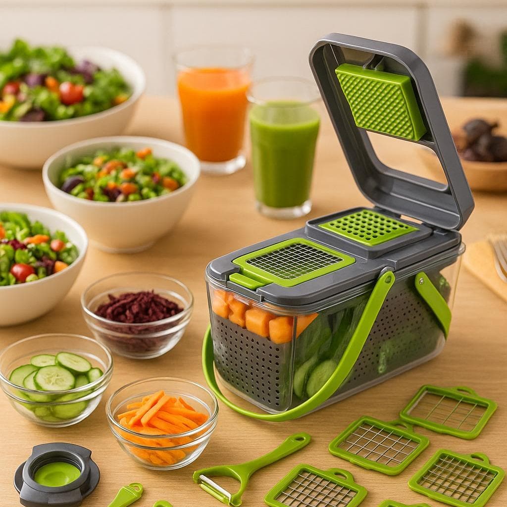 Conjunto Cortador e Ralador Multifuncional Manual 16 Peças Cinza com Verde Legumes Verduras Cozinha Trabalho Restaurante