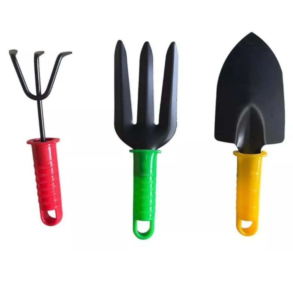 Kit Jardinagem 3 Ferramentas Metal Cabo Plástico Pá Larga Rastelo e Garfo