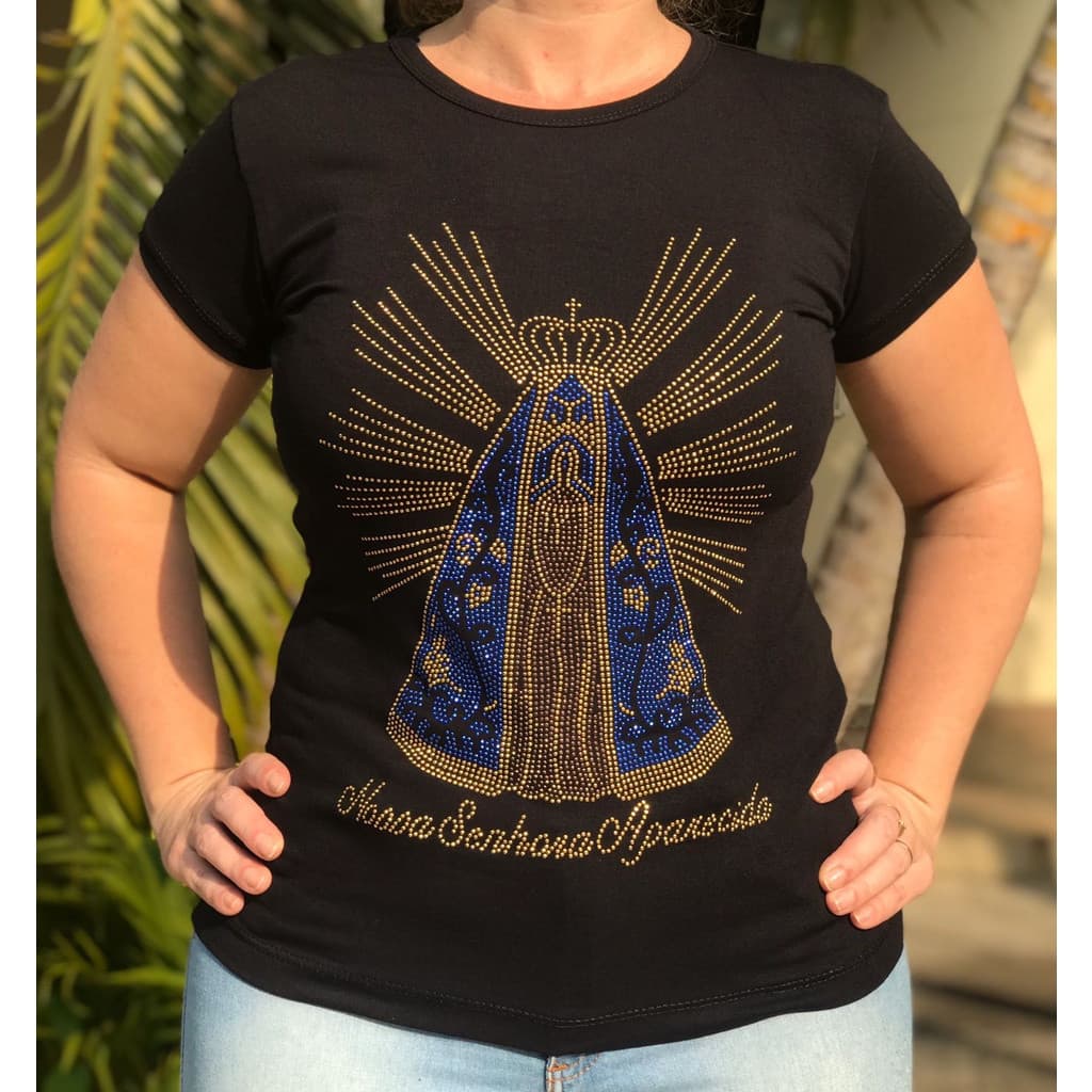 [Camiseta Premium em Algodão Puro]CC  Blusa Camiseta Baby Look feminina religiosa Nossa Senhora Aparecida com Raios