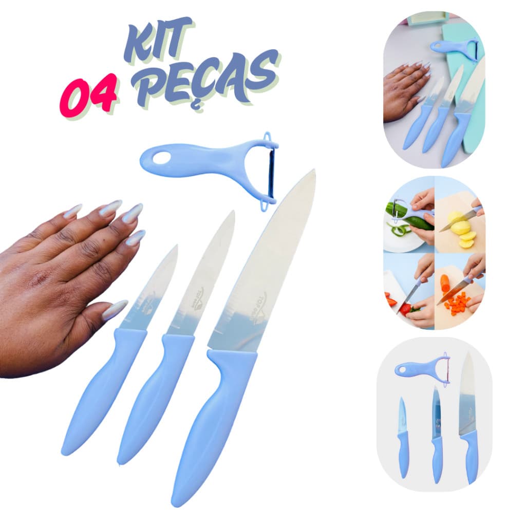 Conjunto de Facas 4 Peças – 3 Facas Afiadas + 1 Descascador Multiuso