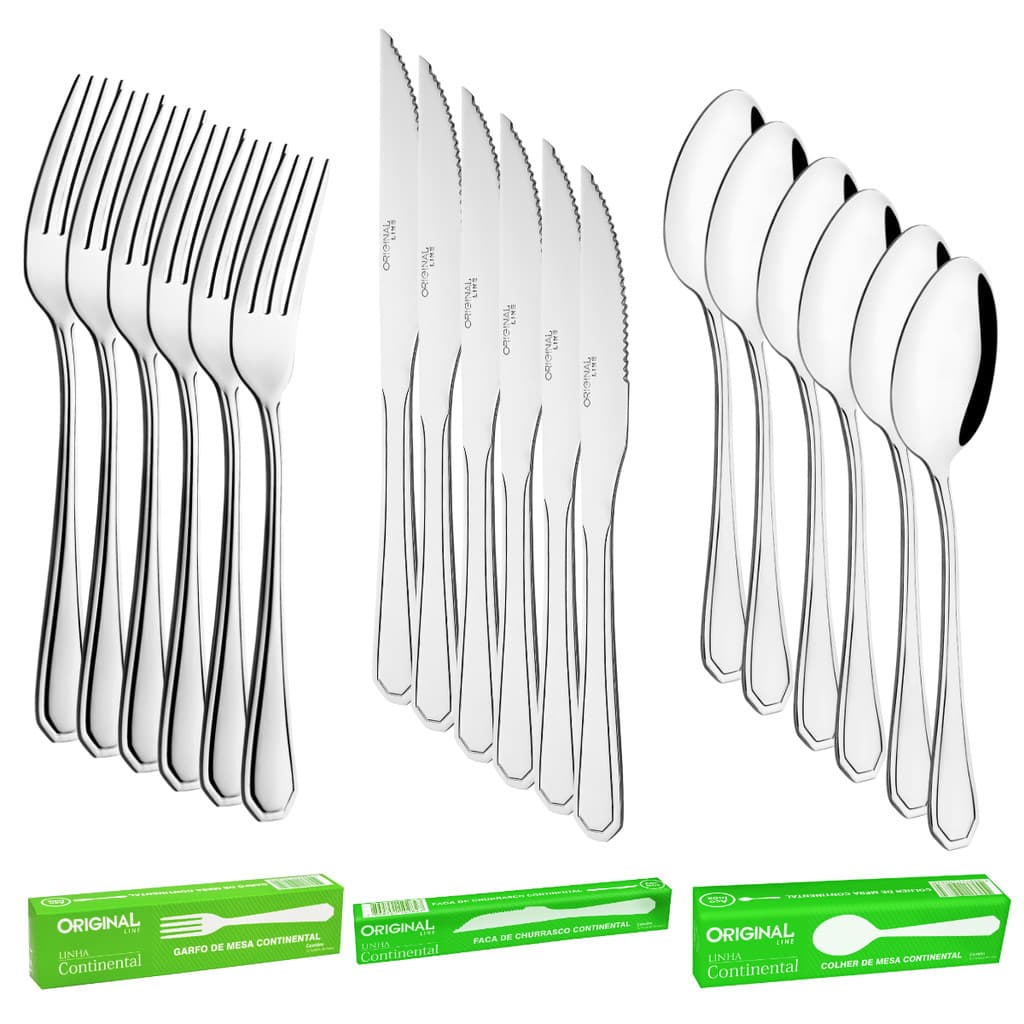 kit com 6/6/6 - Jogo De talheres Aço Inox Garfo Faca e Colher De Mesa Com 18 Peças Ideal Restaurante Buffet Original Con