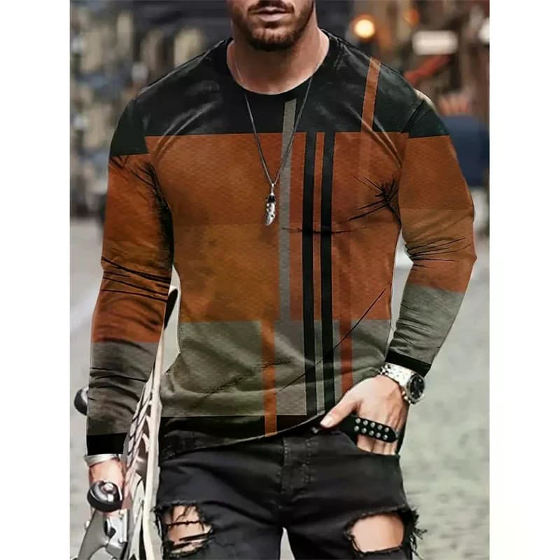 Vintage Novidade Padrão Camiseta Para Homem Bloco De Cores 3D Impresso T Camisas Verão Casual Mangas Compridas Solto Rua