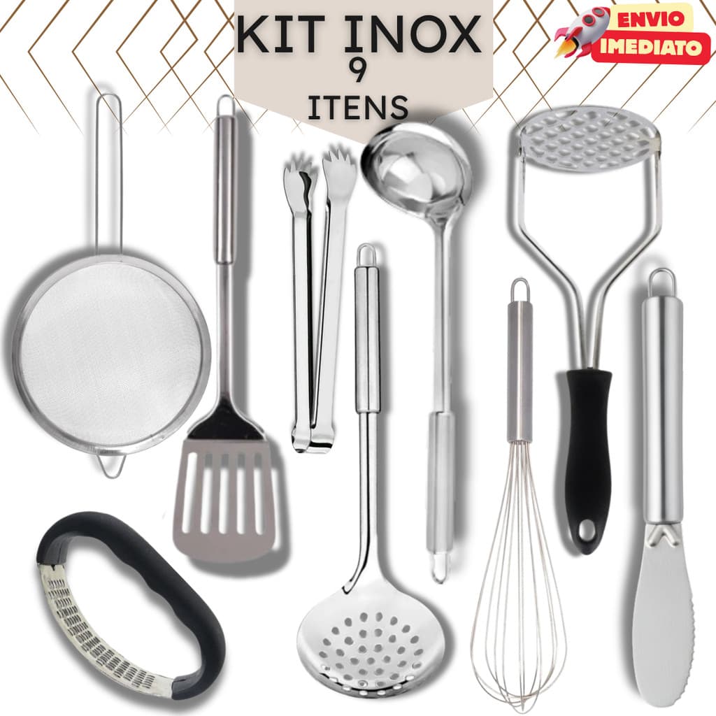 Kit Cozinha Inox 9 peças: Amassador,  Concha, Escumadeira, Fuê, Espátula, Pegador, Peneira, Faca - Presente Casamento