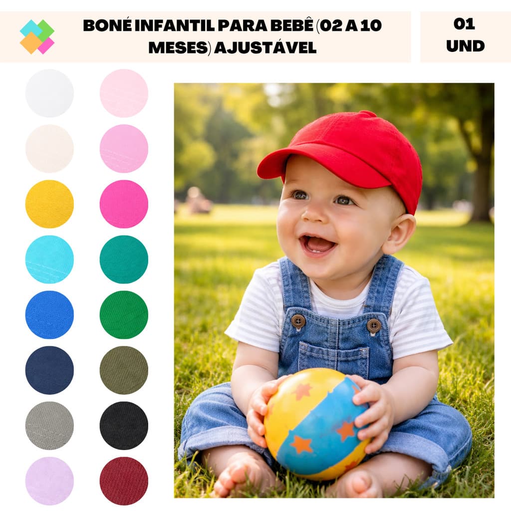 Boné Infantil para Bebê 100% Algodão Ajustável e Proteção Solar (1 Und)