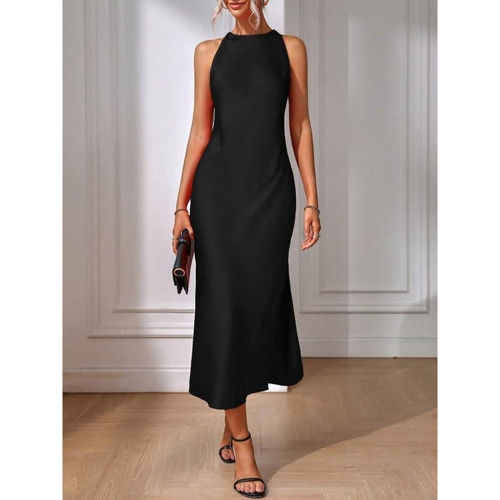 Vestido de cetim feminino sem mangas com saia longa de seda dividida