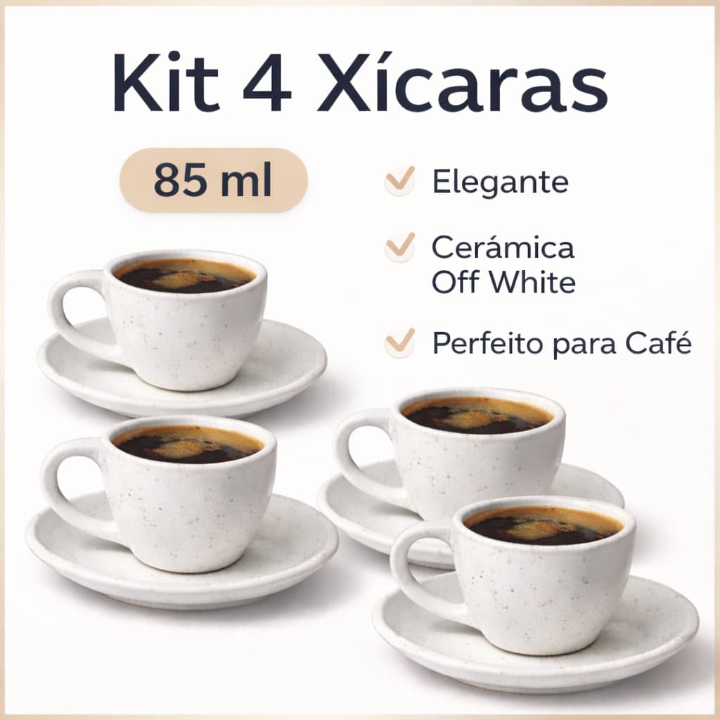 Kit 4 xícaras caneca porcelana off white detalhes pires chá café chocolate mesa posta servir premium