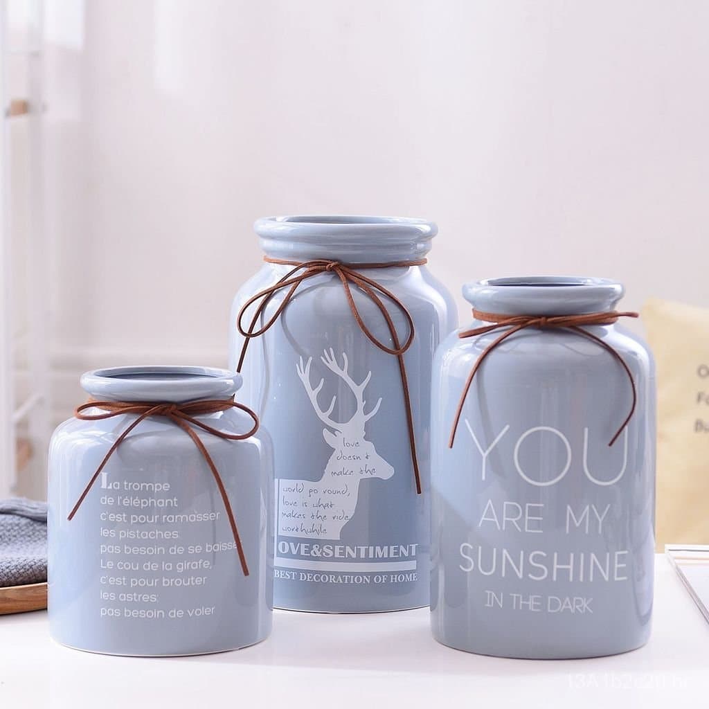 Conjunto de três peças de vasos de cerâmica em estilo minimalista nórdico americano INS, nas cores cinza-azul-rosa, com