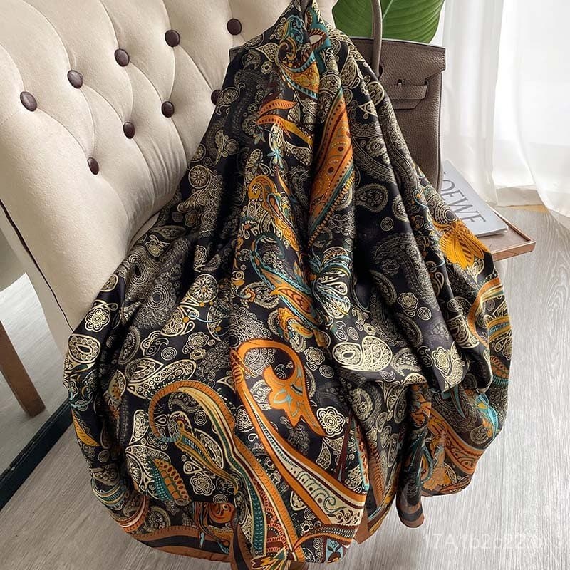 Lenço Elegante com Padrão Vintage Primavera/Verão 2022, Lenço de Seda Sintética para Mulheres, Xale de Uso Duplo para Ar