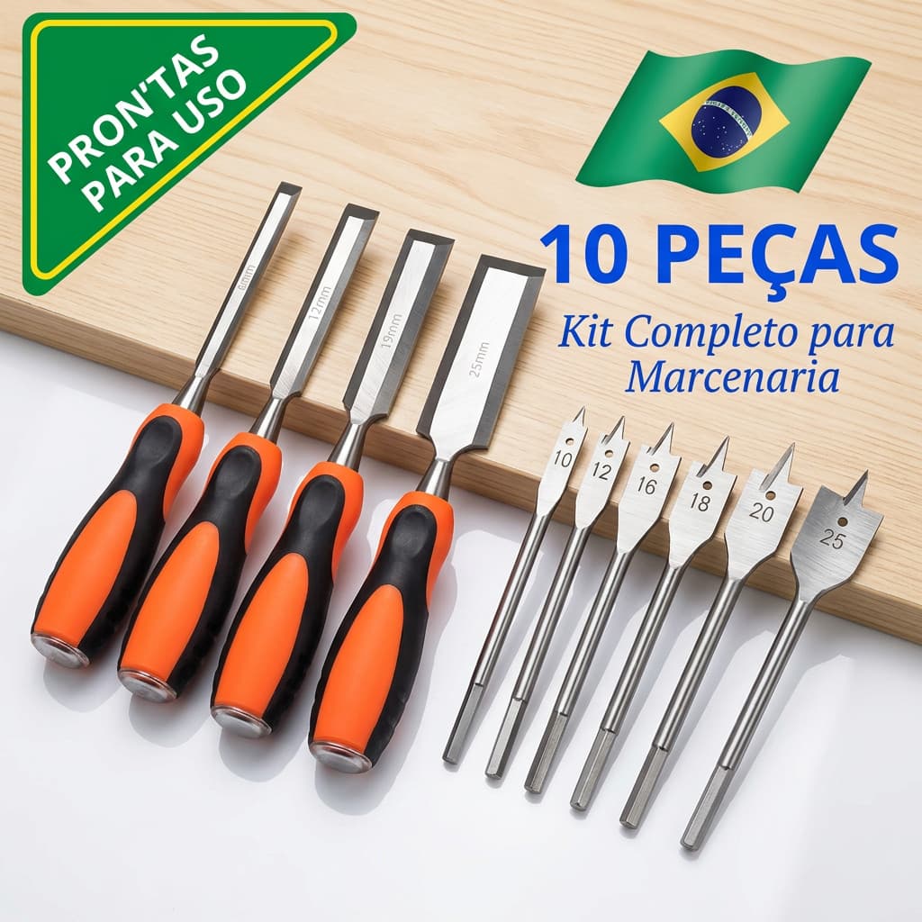 10 peças Profissional Kit Jogo Formão E Jogo De Brocas Chatas P/madeira Marceneiro