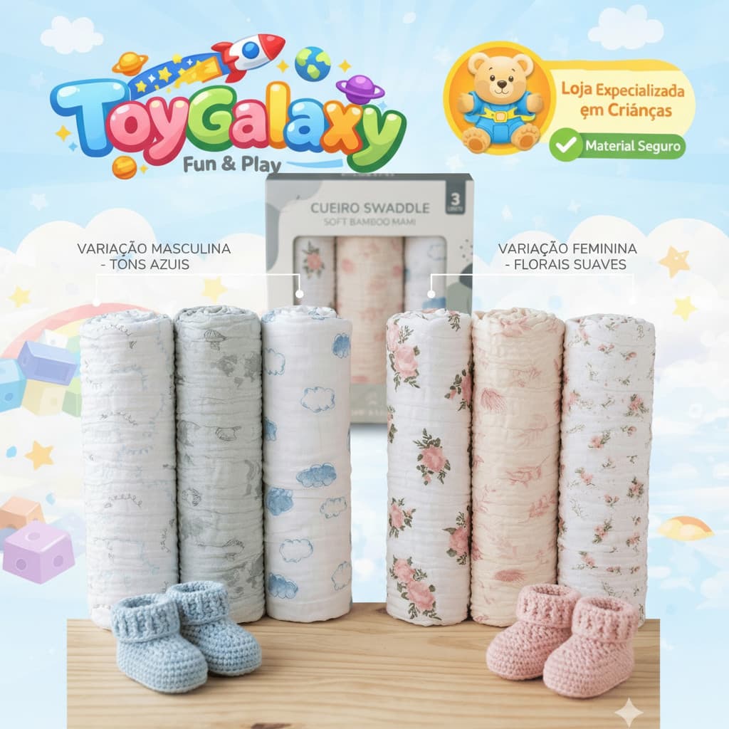 CUEIRO SWADDLE EXTRA GRANDE SOFT BAMBOO MAMI 1,20m X 1,20m CONTEM 03 UNIDADES