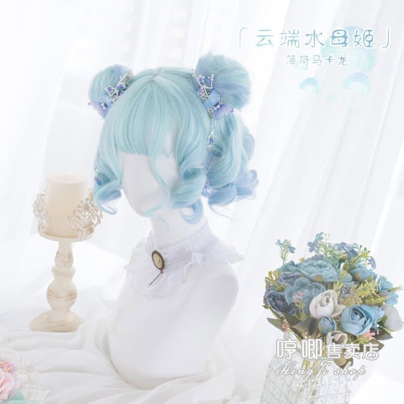 Peruca Feminina Lolita Harajuku para Rosto Redondo, Cabelo Curto Cacheado em Degradê, Estilo "Princesa Água-Viva Nuvem"