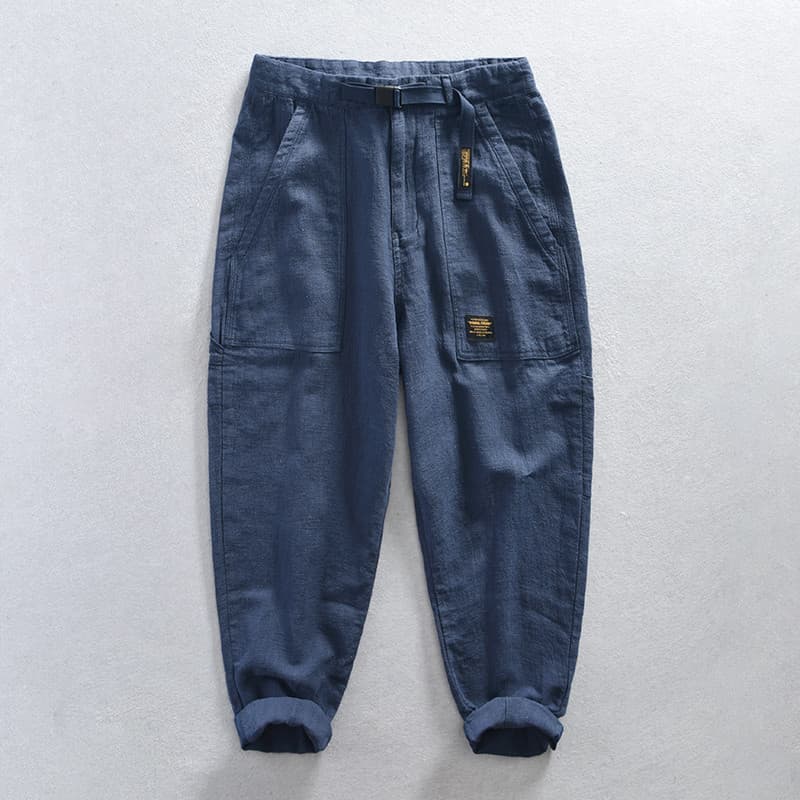 Solto masculino verão algodão linho macacão calças casuais linho fino calças casuais outono estilo japonês calças retas