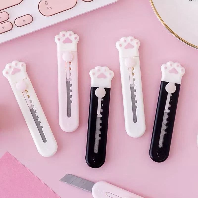 Estilete Retrátil Patinha de Gato Kawaii Seguro Lâmina Resistente 3/5 Unidades