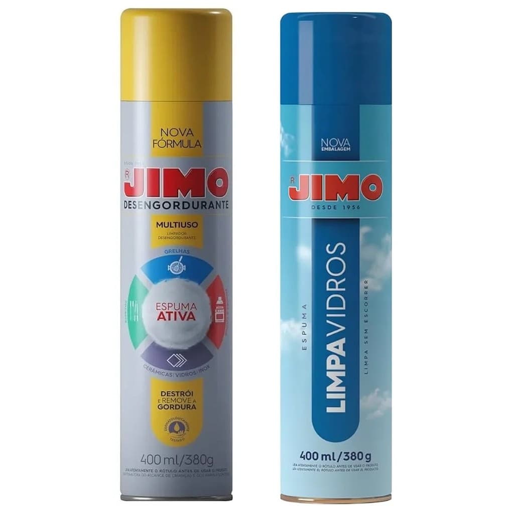 Kit 1 Desengordurante Espuma Ativa + 1 Limpa Vidros Poderoso Spray Jimo