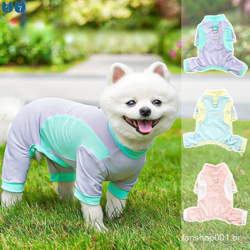 Malha Roupas Para Cães Verão Fino Proteção Solar Filhote De Cachorro Macacão 4 Pernas Com Capuz Pijamas Pequenos Poodle