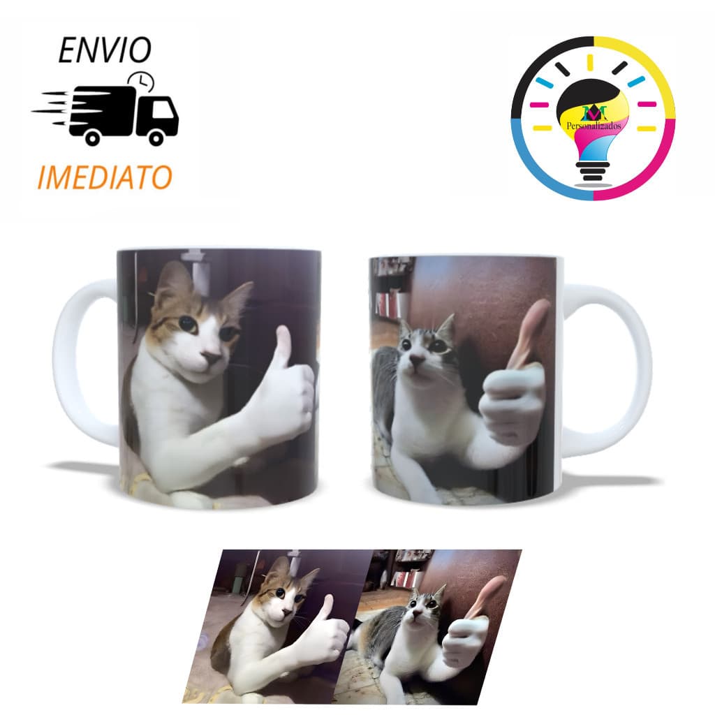 Caneca Meme Gato Joinha Personalizada Porcelana 325ml Presente