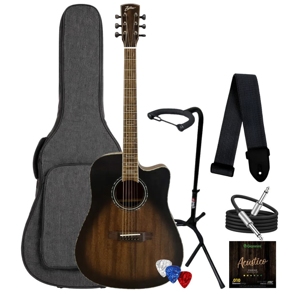 Violão Cutaway Zellmer Heritage Greyburst Fosco -1624 + Capa Suporte Cabo Correia Palhetas