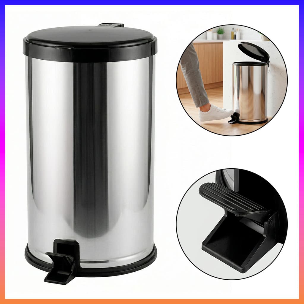 Lixeira Aço Inox com Pedal  e Tampa Preta 20 Litros Viel