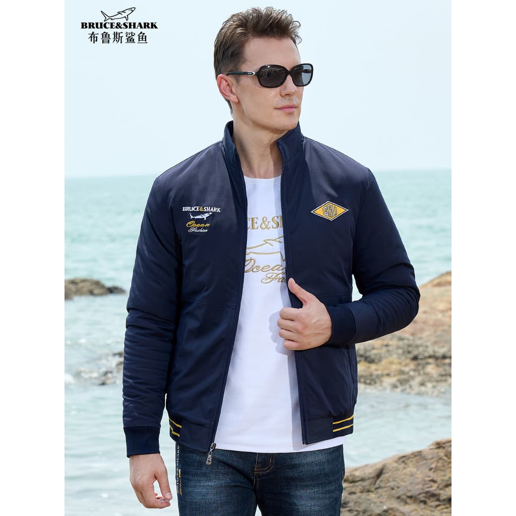 Outono inverno jaqueta masculina engrossado jaqueta Bruce Shark Street Wear bordado solto tamanho grande acolchoado Card