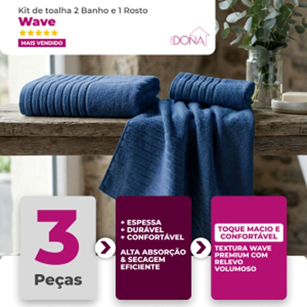 Jogo de Toalha Banho Banhão e Rosto Wave 3 Peças Gigante 100% Algodão Super Macio Premium Casa Dona