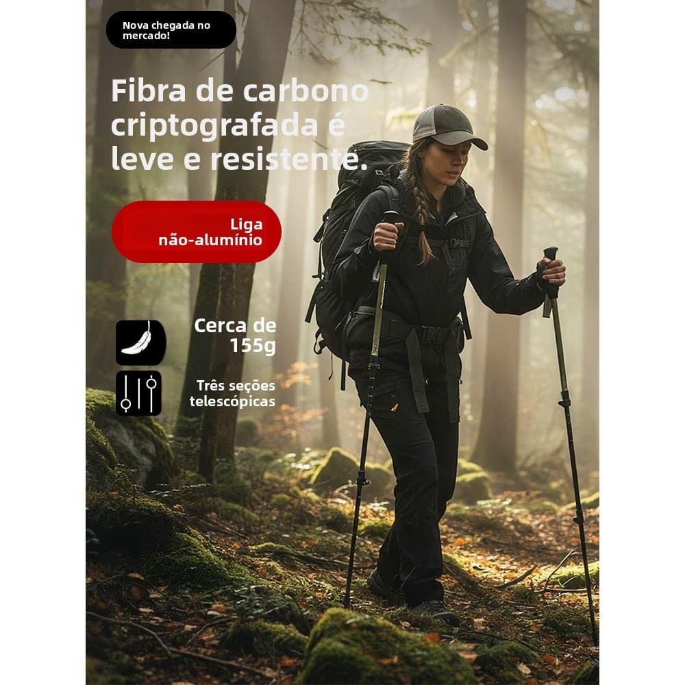 Bastão de trekking em fibra de carbono, bastão telescópico ultraleve de três seções, bastão de caminhada para atividades