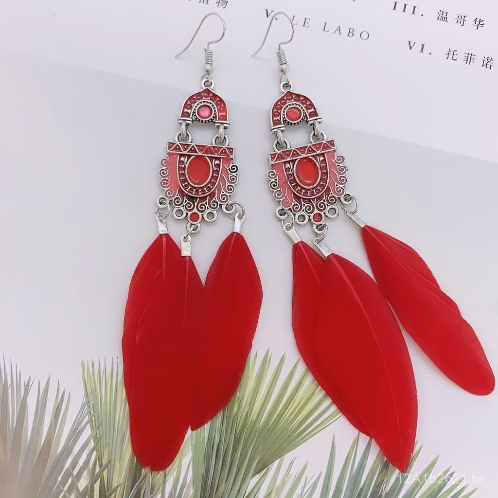 Brincos Vintage Boêmios com Penas e Design Único em Forma de Gota, Brincos de Franjas em Estilo Étnico para Viagens de O