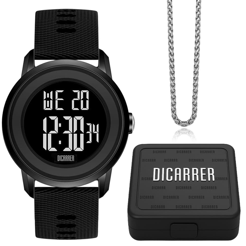 Cordão Aço Inox Prata Relógio Digital Preto RF-97 Masculino