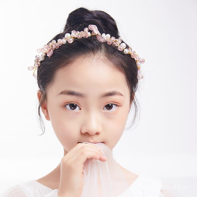 Tiara infantil de cristal rosa para noiva, faixa de cabelo, adorno de cabeça, flor de cabelo, coroa, acessório de cabelo