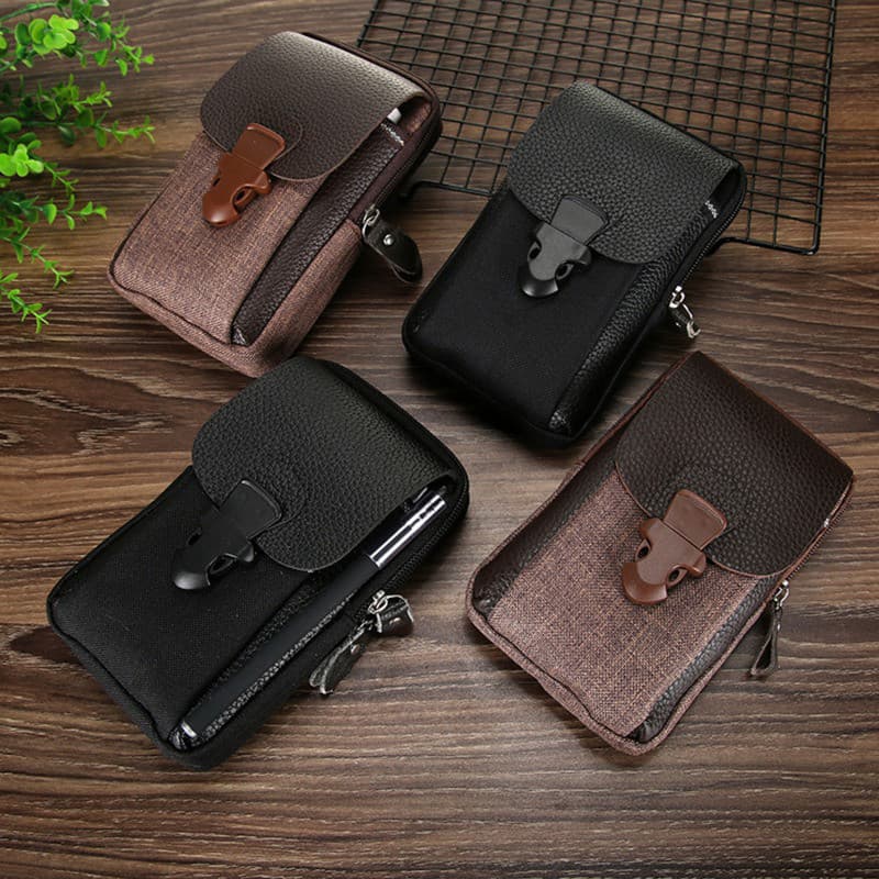 2026 Nova Bolsa De Telefone Móvel Masculina Pu Zíper Duplo Cintura Ao Ar Livre