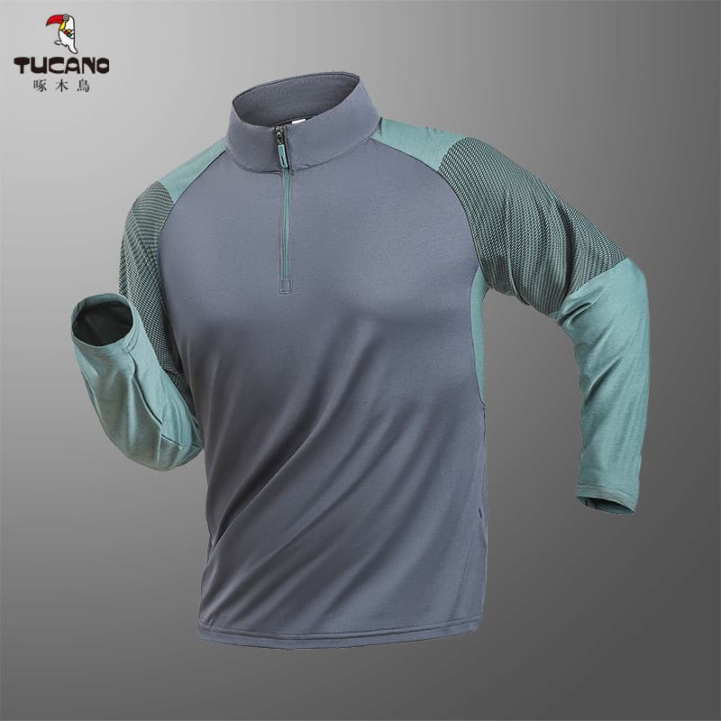 Woodpecker masculino protetor solar estiramento roupas de secagem rápida caminhadas escalada esportes gola alta manga co