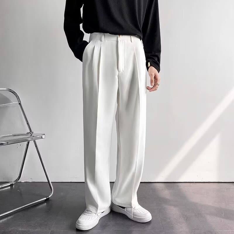 Branco Drape calças casuais dos homens verão estilo fino calças altas retas de seda gelo terno de negócios calças de chã