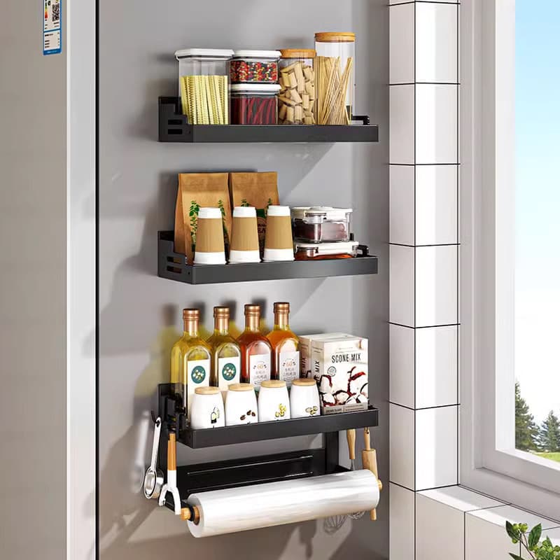 Cozinha sucção geladeira prateleira de armazenamento lateral rack de tecido fixado na parede lado fora prateleira multif