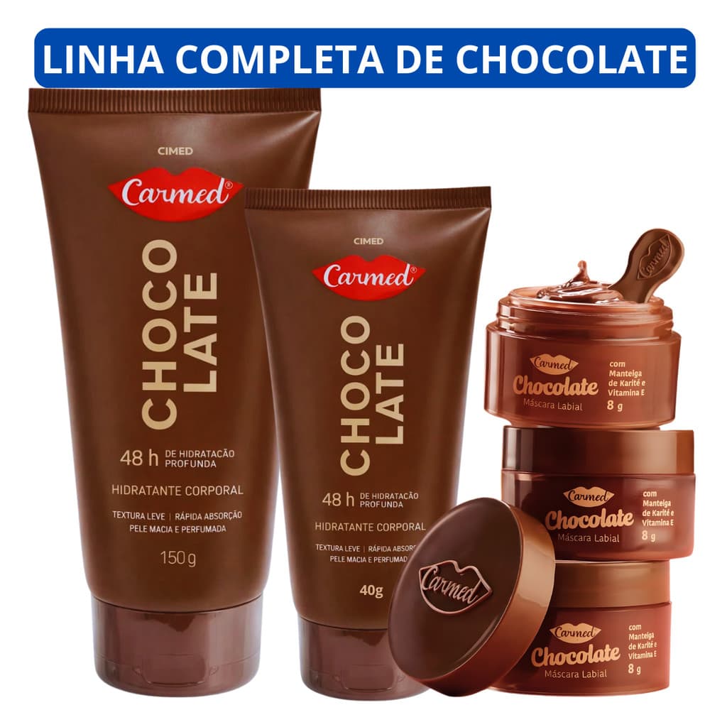 Máscara Labial, Hidratante Corporal e Mãos Carmed Chocolate 150g, 40g, 8g