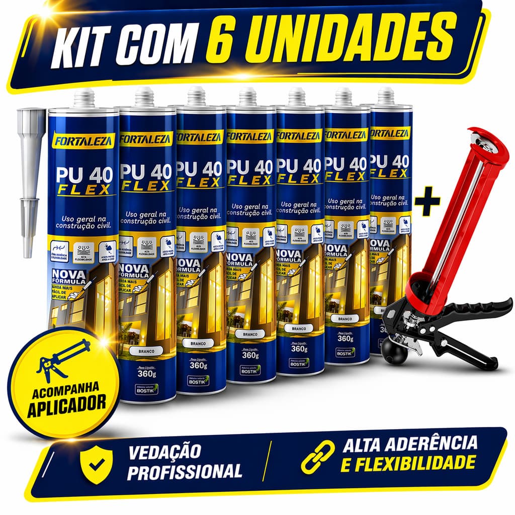 Kit  6 Cola PU40 +1  Aplicador Reforçado Branco Cinza Preto Pedras Vidros Metais Placas 3D Madeira