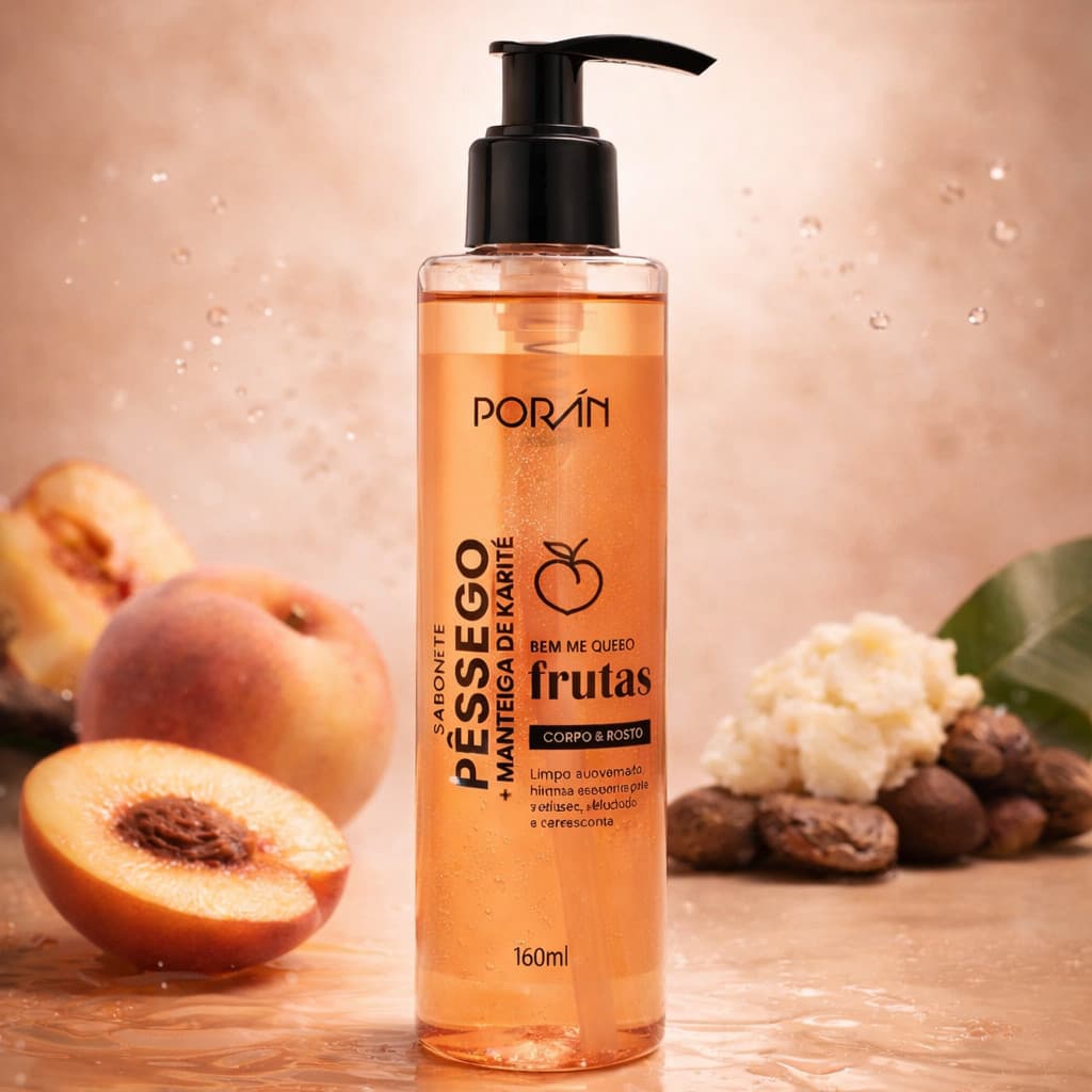 SABONETE LIQUIDO CORPO E ROSTO PÊSSEGO E MANTEIGA KARITE PORAN 160ML
