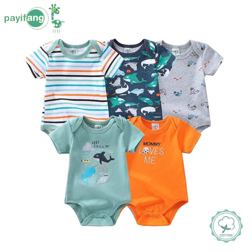 Payifang Kit 5 Peças Body Bebê Menino 100% Algodão Baleias Listras Frases Manga Curta Tamanhos Diversos Confortável