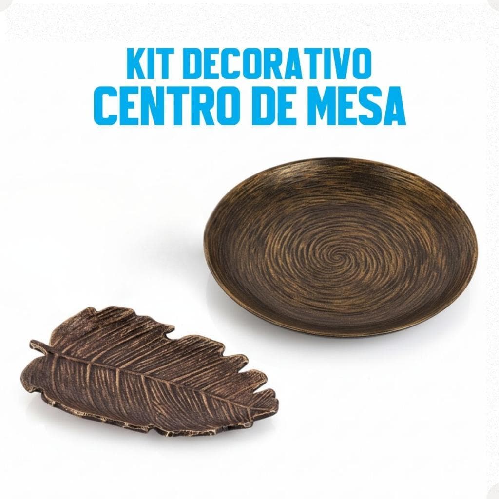 Kit Centro De Mesa 30cm + Folha Curva 24,5cm Zein Marrom Envelhecido Decor Rústico Elegante Luxo