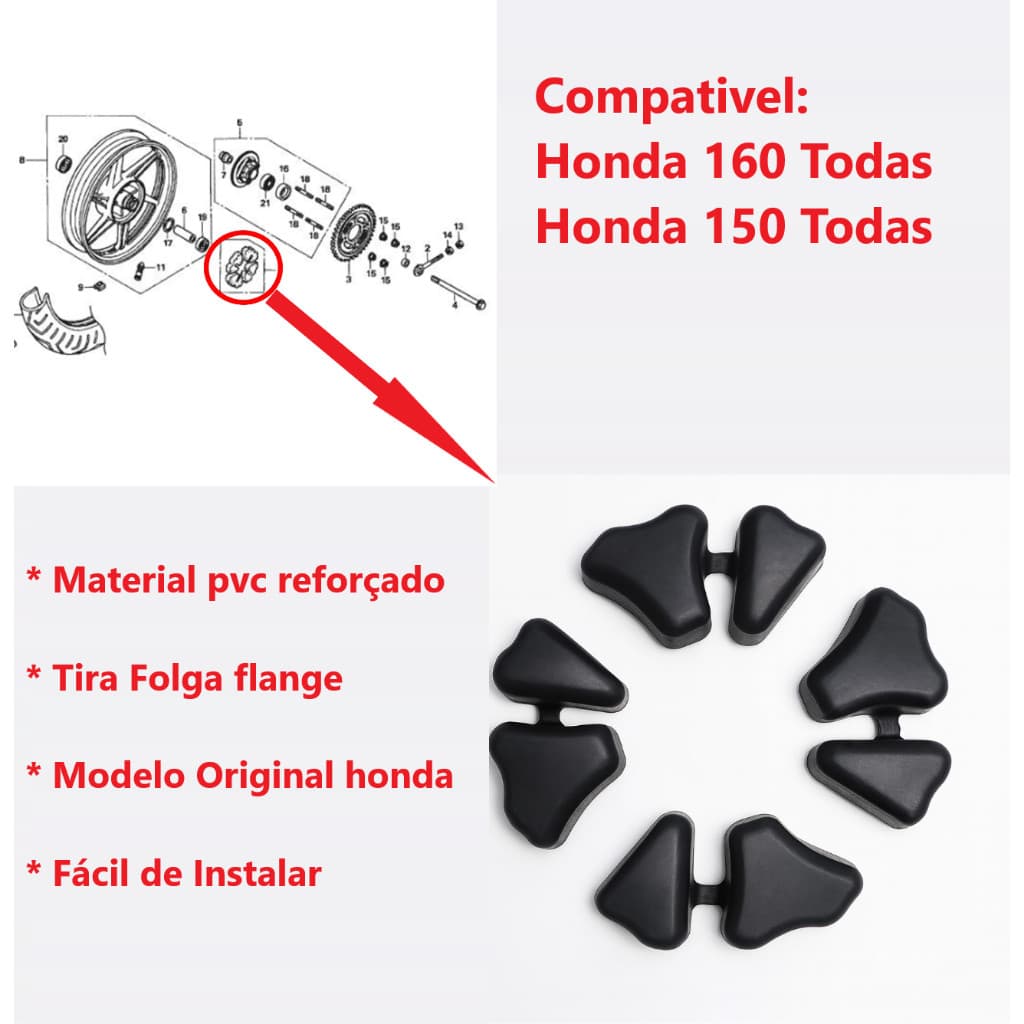 Kit Borracha da Coroa Coxim Bucha Tira Folga Flange Roda Traseira Honda CG 150/160 Titan Fan Start