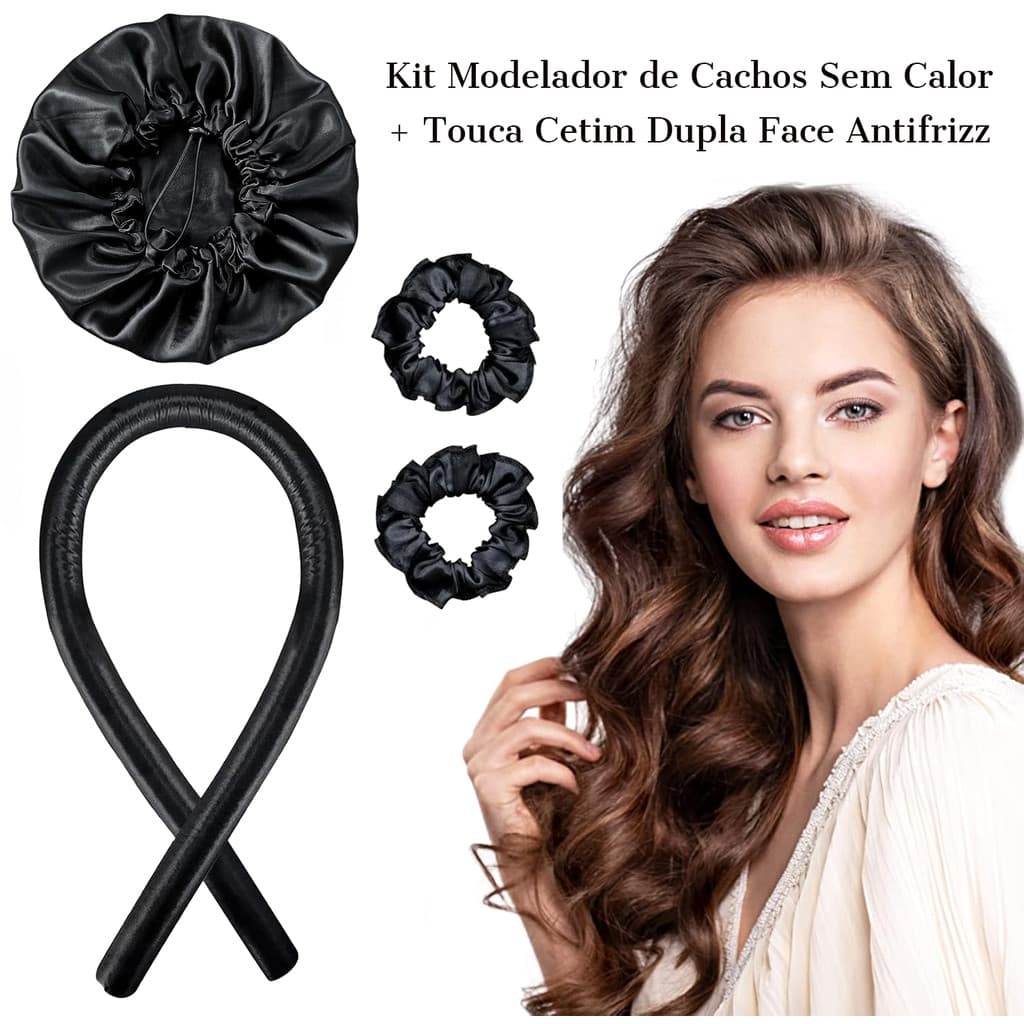 Modelador Heatless Curls Cetim + Touca Regulável Antifrizz + 2 Xuxinhas - Tecnologia de Cachos sem Calor e Contra Frizz